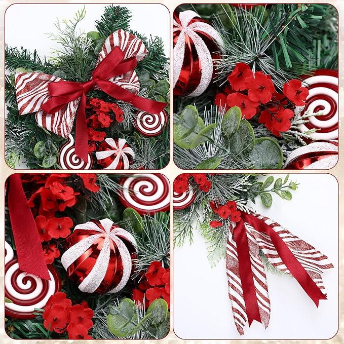 Yunlly 28" Pre Lit Christmas Teardrop Swag Battery Operated Christmas Swag with Lights, Red and White Bowknot, Swirl Candy Cane Ball, Xmas Wreath Ornament for Indoor Outdoor Front Door Decoration