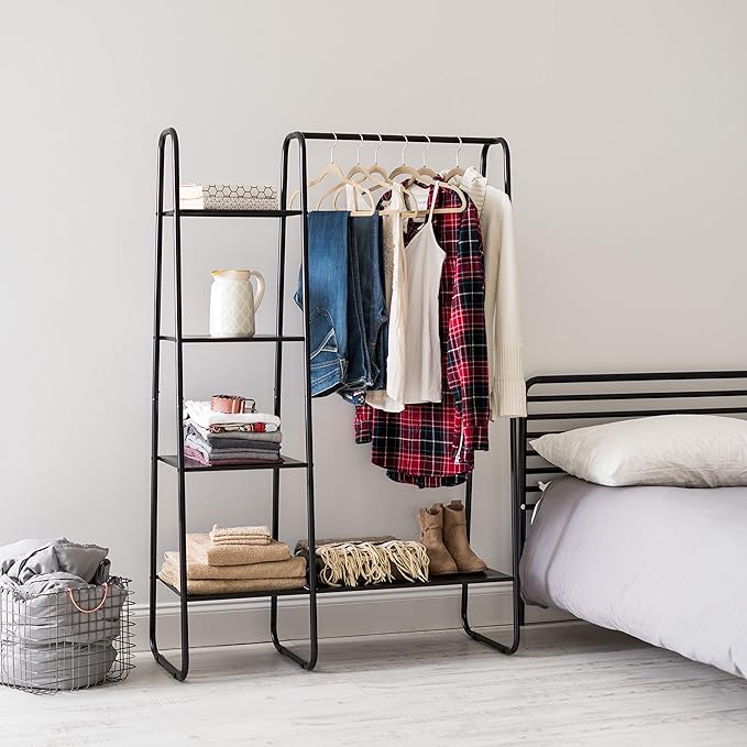 IRIS USA Clothes Rack with 4 Metal Shelves, Freestanding Clothing Racks for Hanging Clothes, Easy to Assemble, Standing Metal Sturdy Garment and Accessories Rack, Small Space Storage Solution, Black