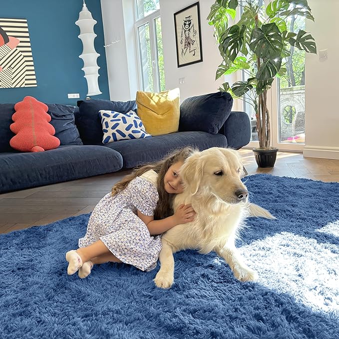 OLANLY 2x3 Machine Washable Small Bedside Rug, Soft Fluffy Shaggy Entryway Throw Rugs for Bedroom, Living Room, Indoor Floor Carpet for Kids Girls and Boys, Home Decor Aesthetic, Blue