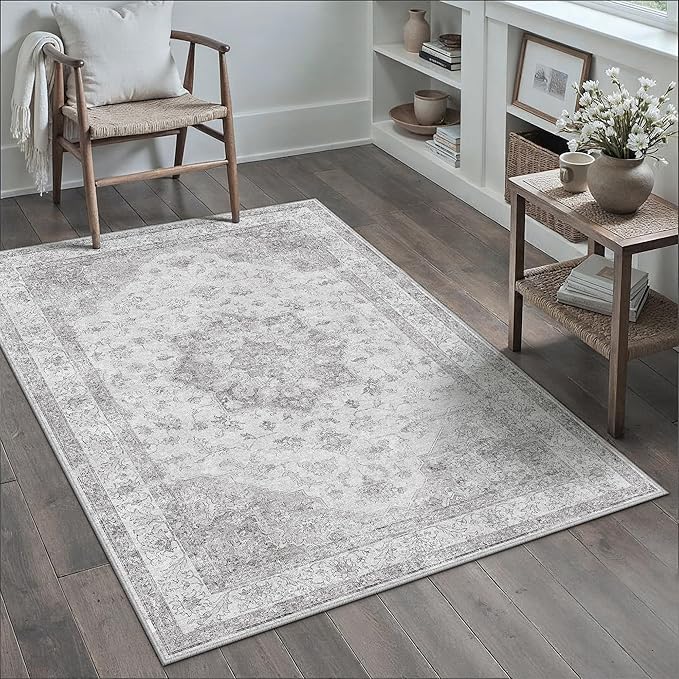 Grey Gray Area Rug 3x5 Washable Vintage Carpet for Entryway Office Soft Retro Kitchen Low Pile Thin Door Mat Non Slip Oriental Medallion Throw Rug for Bathroom Bedroom Dining Living Room
