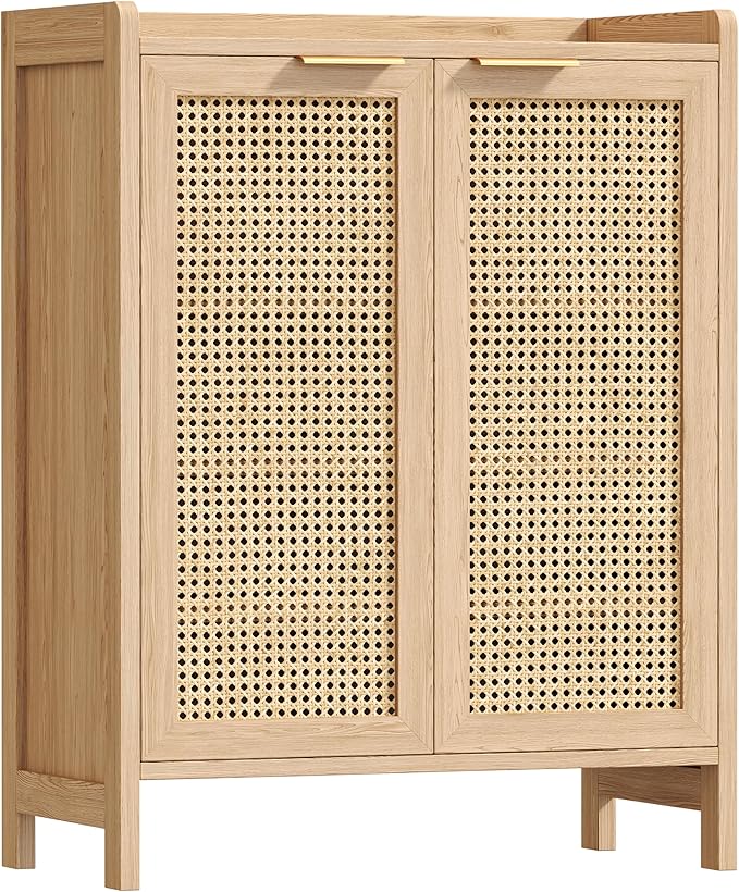 Rattan Shoe Storage Cabinet, 5-Tier Shoe Cabinet for Entryway, Wooden Shoe Rack Organizer with Doors and Adjustable Shelves, for Entryway, Hallway, Living Room, Natural Oak