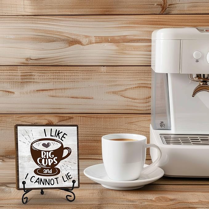 Coffee Bar Decoration, Coffee Decor Sign, I Like Big Cups, Farmhouse Home Kitchen Wooden Plaque with Iron Stand, Coffee Station Decor for Coffee Coner-A10
