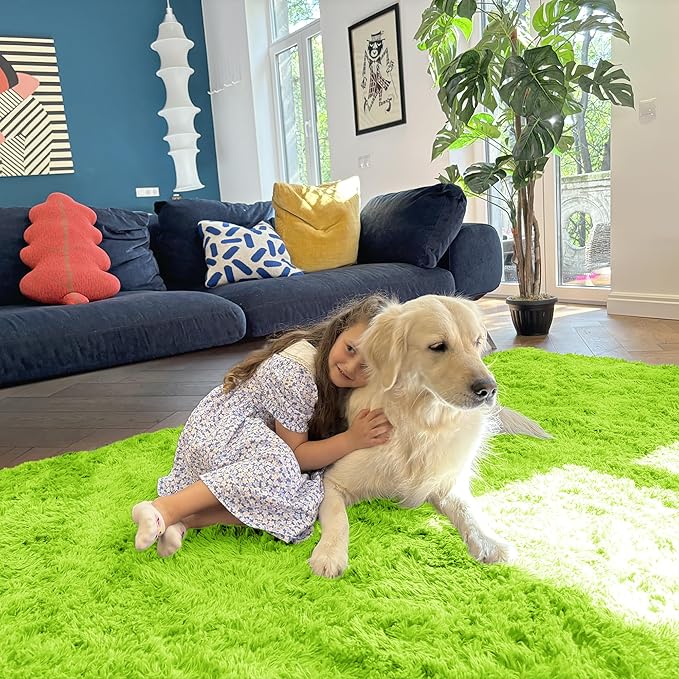 OLANLY 2x5 Machine Washable Runner Rugs for Hallway, Soft Fluffy Shaggy Bedside Rugs for Bedroom, Living Room, Indoor Floor Carpet for Kids Girls and Boys, Home Decor Aesthetic, Lime Green