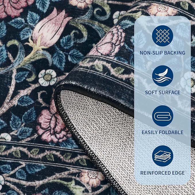 GarveeHome Indigo Blue Vintage Floral 2x6 Runner Rug Washable Kitchen Rugs Non Slip Boho Long Rug for Hallways Bedroom Entryway Bathroom Mat with Rubber Back