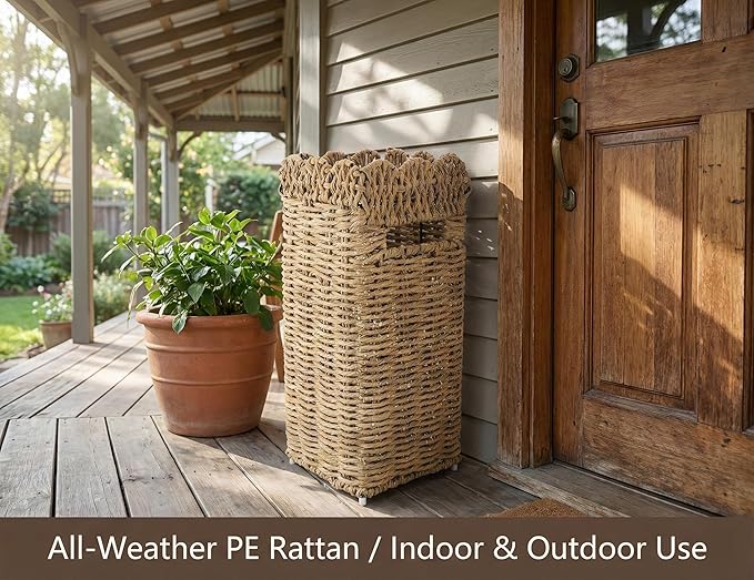 Woven Umbrella Stand for Entryway, PE Rattan Umbrella Holder Basket with Removable Drip Tray, Scalloped Square Cane Stand for Umbrellas, Walking Sticks, Wrapping Paper, Farmhouse Porch Decor, 16.5"