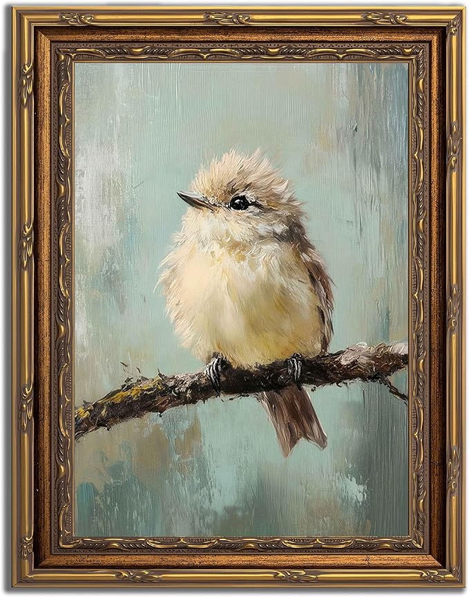 Gold Framed Bird Canvas Wall Art Vintage Bird Beige Sparrow painting Decor Pictures Sparrow on Branch Bedroom Living Posters Prints for Corridor Classroom Bedroom Kitchen Room Decoration