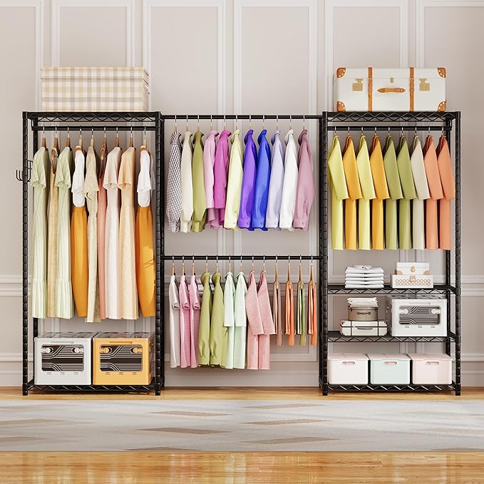 ecobedding Heavy Duty Garment Rack, 1000LBS Max Load Freestanding Closet Organizer with 6 Storage Shelves & 3 Adjustable Hanging Rods, Multifunctional, Glossy Black, 15.75" D x 70-88.5" W x 76.5" H