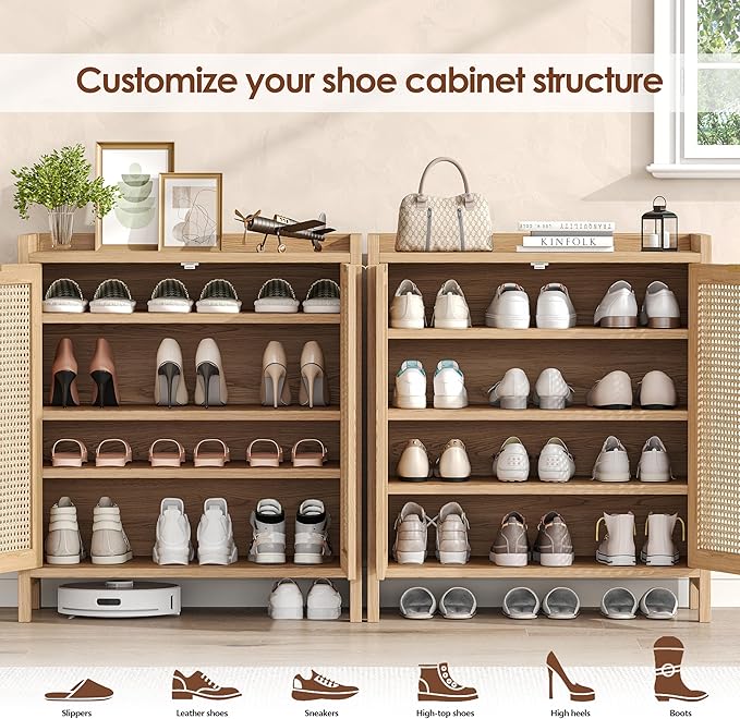 Rattan Shoe Storage Cabinet, 5-Tier Shoe Cabinet for Entryway, Wooden Shoe Rack Organizer with Doors and Adjustable Shelves, for Entryway, Hallway, Living Room, Natural Oak