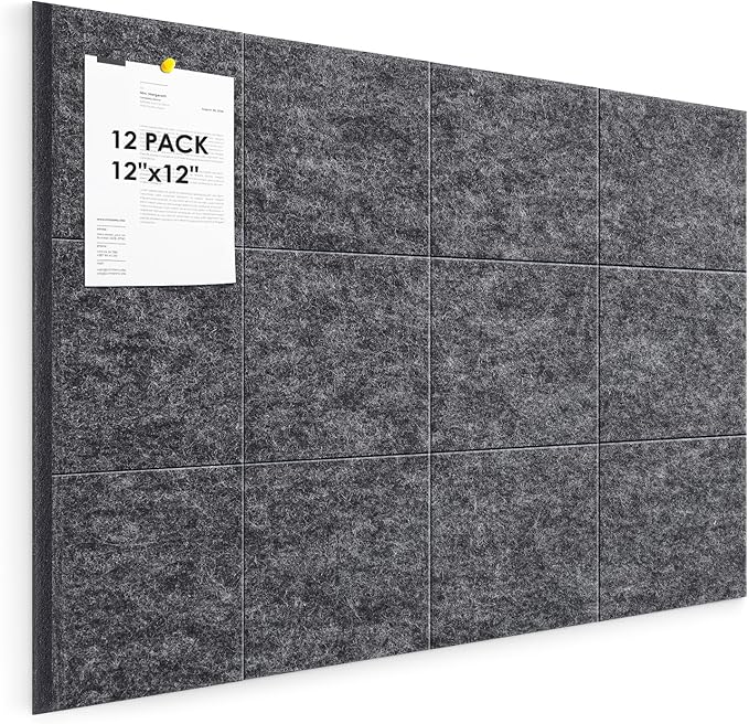 Large Cork Board for Walls 48"x36" |Cork Board Alternative| 12 Pack Felt Wall Tiles| Dark Gray Bulletin Board with Removable Adhesive | Cork Boards Pinboard for Office Home Classroom，Dark Gray