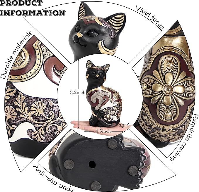 Black Cat Statue Home Decor Accent Boho Cat Figurines and Sculptures for Living Room Bedroom Shelf Office Table, Cats Art Decoration Vintage Matt Animals Gift for Cats Lovers, Woman Mom