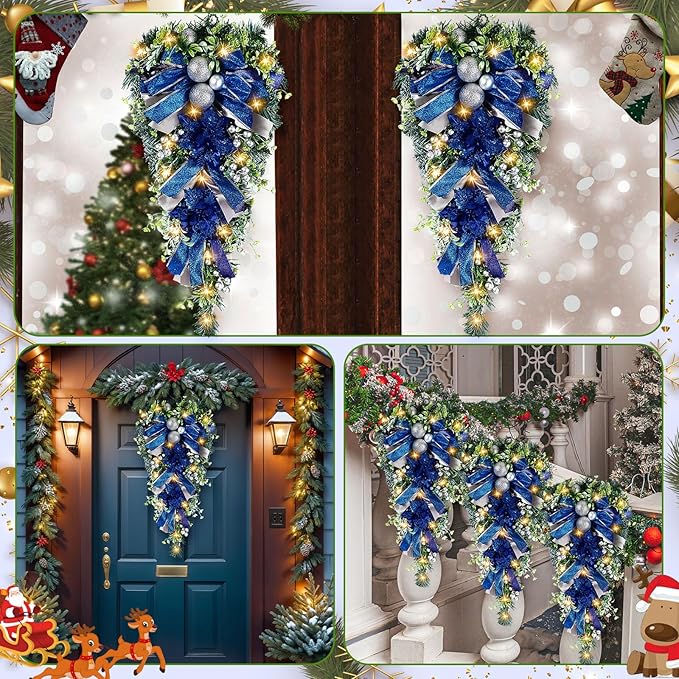Lyrow 4 Pcs Cordless Prelit Christmas Artificial Swags 24" Xmas Stairway Swag Teardrop Trim with Timer Christmas Staircase Decoration Battery Operated Garland for Indoor Outdoor Railing Decor, Blue