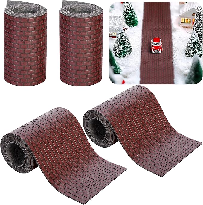 Iceyyyy 4 Pcs Christmas Village Reddish Brown Brick Road-39 x 3.5 Inch Cuttable Christmas Village Landscape Road-Miniature Xmas Village Accessories for Home Garden Street Landscape Decorations
