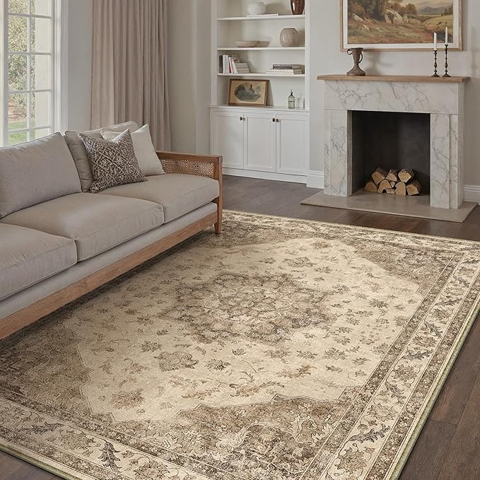 Brown Area Rug 9x12 Washable Vintage Carpet for Living Room Bedroom Large Soft Retro Low Pile Thin Indoor Rug Non Slip Oriental Medallion Floor Cover for Dining Room Office