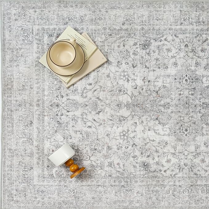 Gray Area Rug 6x9 for Living Room Washable Vintage Carpet Low Pile Non Slip Distressed Soft Traditional Retro Oriental Large Grey Accent Throw Rug Office Bedroom Dining Room Playroom