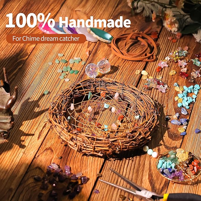 Handmade Natural Dream Catcher Hanging Home Decor at Livingroom Window and Garden, Unique Design with Rattan, Stones, Agate & Crystal - Ideal for Any Space & Gift Giving to Lovers Parents and Friends