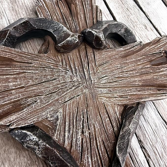 Rustic Wood-Look Resin Wall Cross with Barbed Wire & Nail Heart Accents – 11 ½” Christian Farmhouse Wall Décor, Inspirational Religious Gift (Rustic Brown)