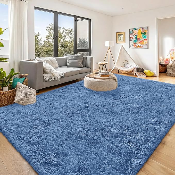 OLANLY 8x10 Machine Washable Large Area Rugs for Living Room, Bedroom, Soft Fluffy Shaggy Bedside Rug, Indoor Floor Carpet for Kids Girls and Boys, Dorms, Nursery, Home Decor Aesthetic, Blue