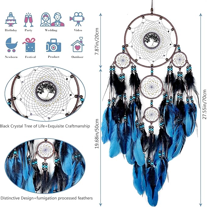 Large Dream Catchers, Boho Handmade Woven Blue and Black Dream Catcher Wall Hanging Ornament for Bedroom Living Room Adults Wedding Party Decor, Festival Blessing Gift (Blue & Black)