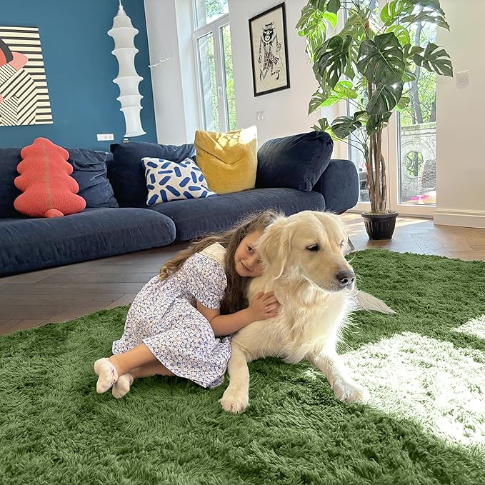 OLANLY 2x4 Machine Washable Runner Rugs for Hallway, Soft Fluffy Shaggy Bedside Rugs for Bedroom, Living Room, Indoor Floor Carpet for Kids Girls and Boys, Home Decor Aesthetic, Green