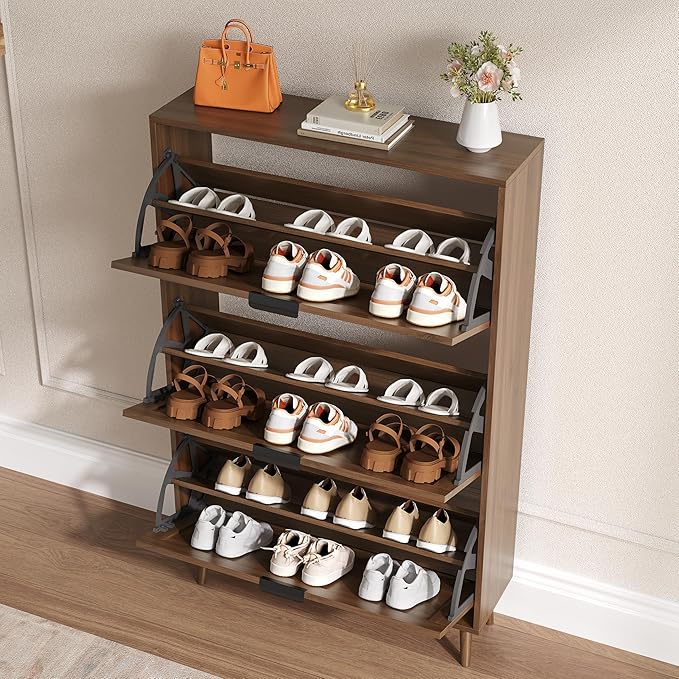 Shoe Cabinet for Entryway with 3 Flip Drawers, Slim Wooden Shoe Storage Organizer with Modern Fluted Pannel，Freestanding Narrow Hidden Shoe Rack for Hallway, Foyer, Living Room