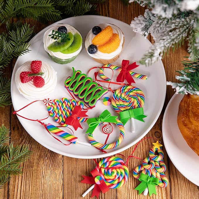 codree 8 PCS Christmas Lollipop Ornaments- Rainbow Lollipop Hanging Ornaments- Christmas Candies Polymer Clay Ornament for Xmas Tree Party Decoration