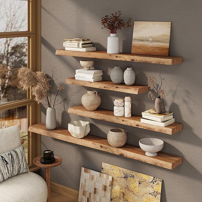 Marsmiles 36 inch Floating Shelves for Wall Elm Wood Live Edge Shelves|Rustic Wall Shelves with Invisible Heavy-Duty Bracket for Bathroom Living Room Kitchen|Natural, 2 Pack