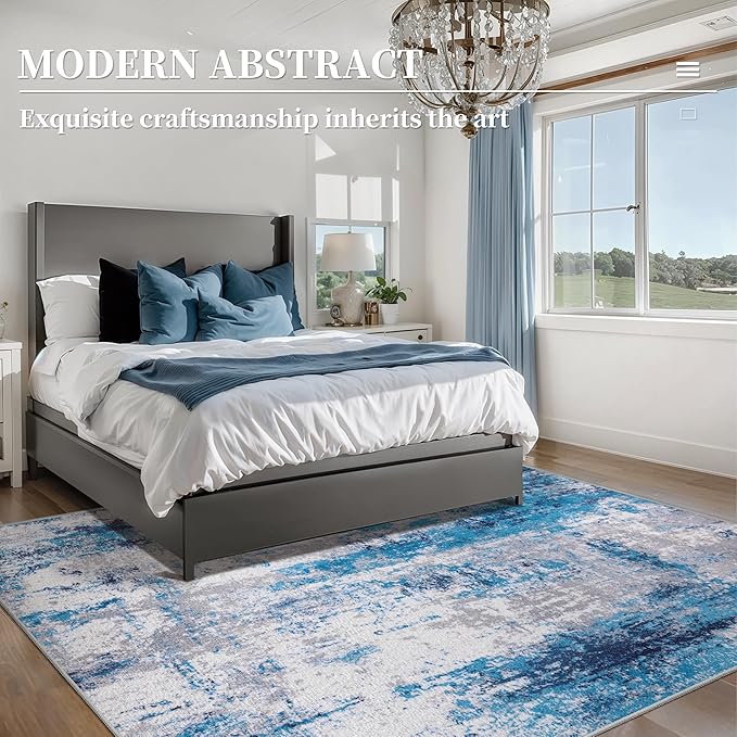 Ciicool Modern Abstract Rug for Living Room, 5'x7' Machine Washable Area Rug Non-Slip Rug, Low-Pile Contemporary Indoor Dining Floor Carpet for Bedroom Office Under Table Home Decor Grey Blue
