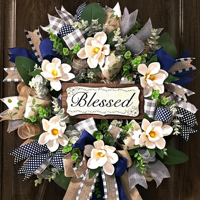 Waipfaru Spring Summer Wreaths for Front Door, 22 Inch Magnolia Wreath with Eucalyptus & Blue Grey Burlap Bow, Front Door Wreath for Farmhouse Porch Outdoor Decor Outside All Season (1 Pcs)