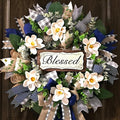 Waipfaru Magnolia Wreaths for Front Door, 22 Inch Spring Summer Wreath with Eucalyptus & Blue Grey Burlap Bow, Year Round Wreaths for Porch Farmhouse Patio Door Decor All Season (2 Pcs)