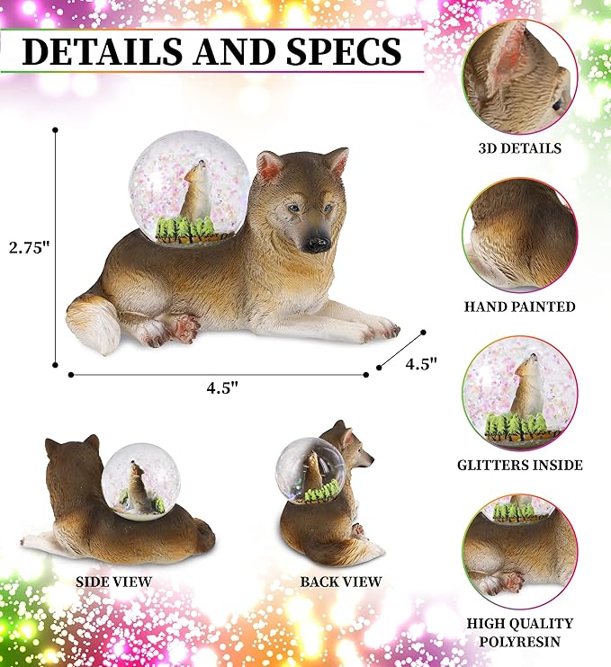CoTa Global Wolf Snow Globe - Magical Rainbow Water Globe Figurine with Sparkling Glitter, Collectible Novelty Ornament for Home Decor, for Birthdays, Christmas, and Valentine - 45mm