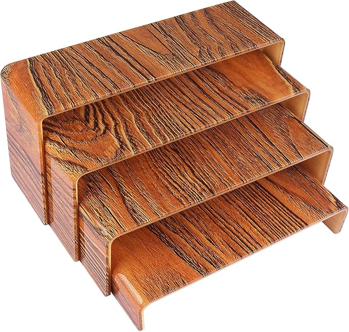 ELEGANTLIFE Acrylic Display Risers Set of 4, 4-Level Tiered Display Stands for Cupcakes, Small Figures & Jewelry, Compact Countertop Display Shelf, Multiple Colors Available (Dark Wood Grain)