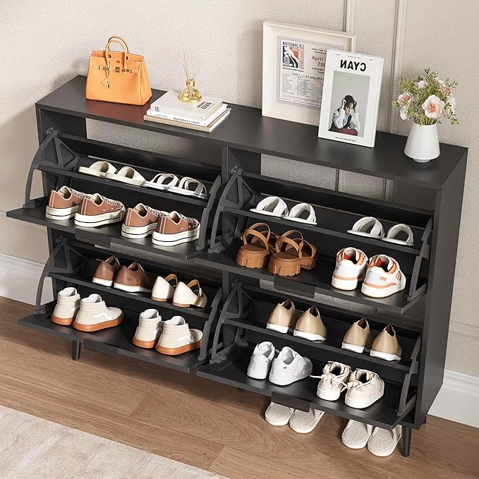 Shoe Cabinet for Entryway with 4 Flip Drawers, Slim Wooden Shoe Storage Organizer with Modern Fluted Pannel，Freestanding Narrow Hidden Shoe Rack for Hallway, Foyer, Living Room