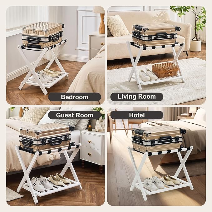 Fully Assembled Luggage Racks Pack of 2, Upgraded Bamboo Foldable Suitcase Stand with 5 Nylon Straps, 26.77" Thickened Luggage Stand Holder with Shelf for Guest Room Bedroom Hotel, White