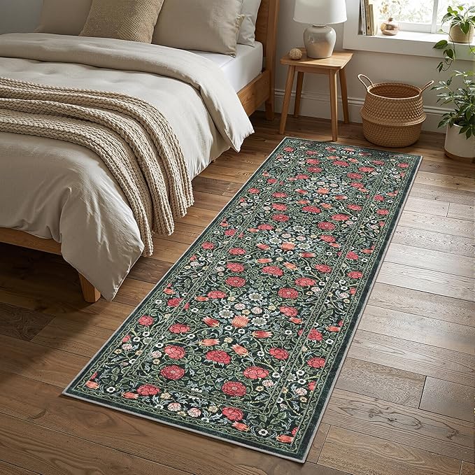 GarveeHome Green Vintage Floral 2x6 Runner Rug Washable Kitchen Rugs Non Slip Boho Long Rug for Hallways Bedroom Entryway Bathroom Mat with Rubber Back