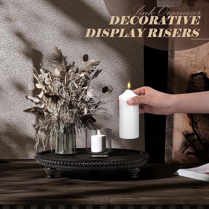 EOSAHR Rustic Round Pine Wooden Display Riser – Beaded Pedestal Stand for Decor, Kitchen Counter Organizer, Coffee table & Cake Stand - Decorative Display Risers for Living Room Decor (Old Black)
