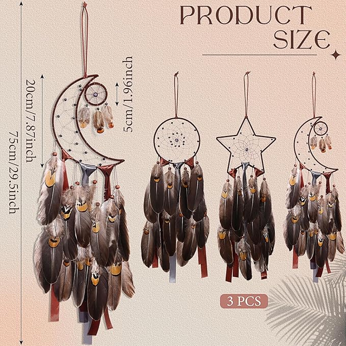 Jetec 3 Pcs Dream Catcher Moon Sun Star Design Handmade Traditional Design Craft Ornament Wall Art Hanging Home Decoration Bedroom Wedding(Brown)