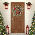 22’’ Artificial Christmas Wreath for Front Door with Red Balls Candy Canes Pine Needles Red Berries Pine Cones Christmas Decorations for Winter Wall Outdoor Home Holiday Xmas Decor