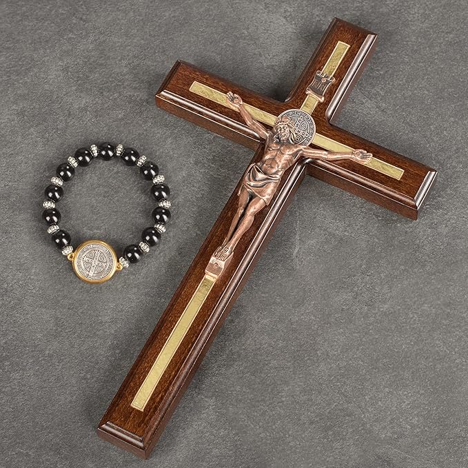 Asterom St Benedict Crucifix Wall Cross - Handmade Saint Benedict Wood Cross Wall Decor - Catholic Crucifix - 12 Inch