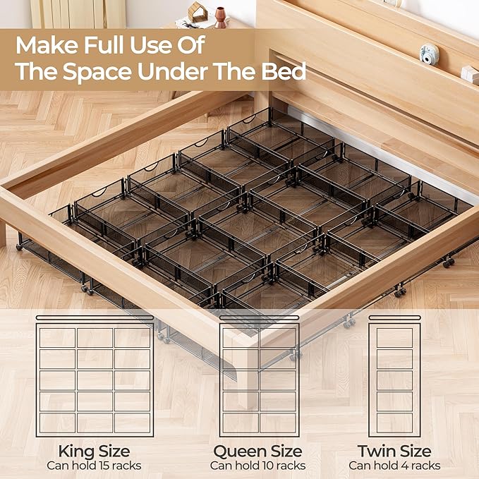 Yecaye Under Bed Storage with Wheels, 4 Pack Under Bed Shoe Storage Organizer Drawer, Tool-free Assembly Metal Underbed Storage Containers for Clothes, Shoes, Black