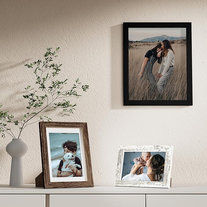 Vittanly 10 Pack Picture Frames Collage Wall Decor, Gallery Wall Frame Set for Wall or Tabletop Display, Multi Sizes with Two 8x10, Four 5x7, and Four 4x6 Photo Frames, Black&Brown&Distressed White