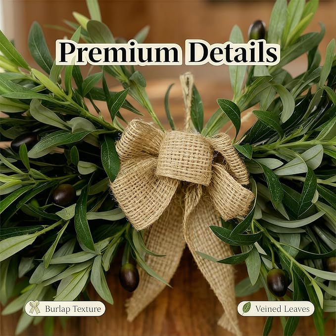 26" Farmhouse Olive Leaf Greenery Swag with Premium Burlap Bow, Realistic Faux Olive Branch Door Decor for Front Door, Wall, Mantel, Table, Kitchen, Bathroom, Weddings & Seasonal Styling, Green 2Pcs