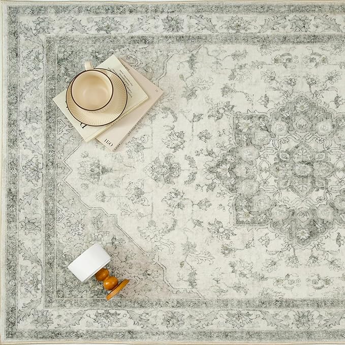 Green Area Rug 4x6 Washable Vintage Carpet Entryway Office Soft Retro Kitchen Low Pile Thin Door Mat Non Slip Oriental Medallion Throw Small Rug for Bathroom Bedroom Dining Living Room