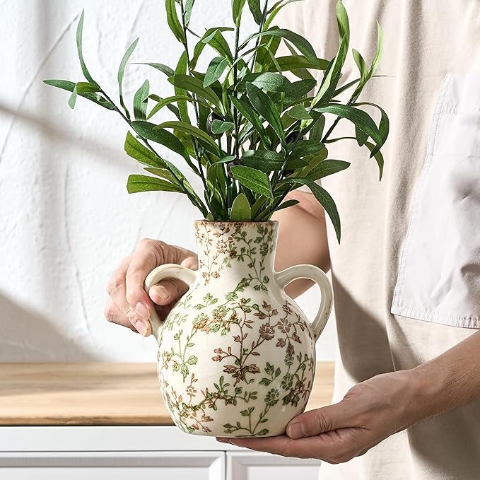 SIDUCAL Ceramic Green and Beige Retro Vase with Handles, 7 Inch Ice Cracked Vintage Pastoral Vase, Rustic Farmhouse Vases for Home Decor, Table, Living Room, Shelf Decor, Chinoiserie Decor