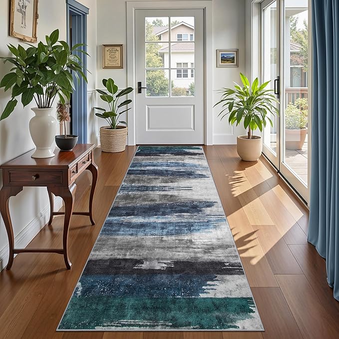 Ciicool 2x7 Washable Runner Rug, Modern Abstract Hallway Rugs Runner, Non-Slip Thin Accent Rug Lightweight Navy Grey Print Distressed Carpet for Kitchen Laundry Entryway Bedroom Indoor
