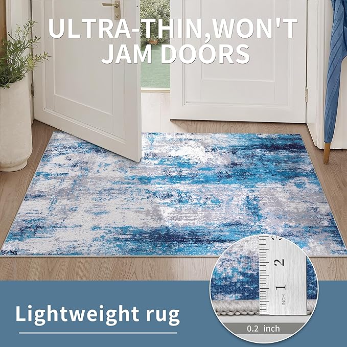 Ciicool Modern Abstract Rug for Living Room, 5'x7' Machine Washable Area Rug Non-Slip Rug, Low-Pile Contemporary Indoor Dining Floor Carpet for Bedroom Office Under Table Home Decor Grey Blue