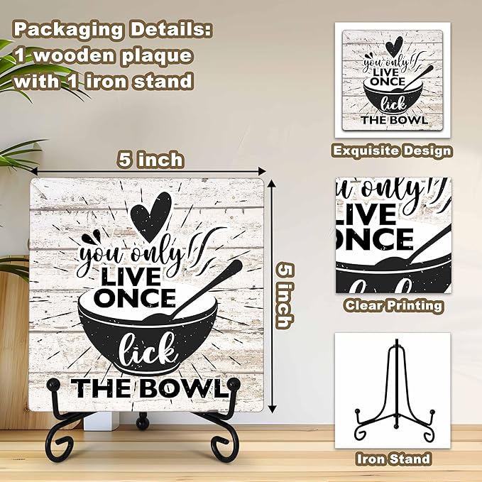 Kitchen Counter Decor, Life Is Short Lick The Bowl Sign, Funny Farmhouse Kitchen Wooden Plaque with Iron Stand for Dinning Room Desk Shelf Display-A11