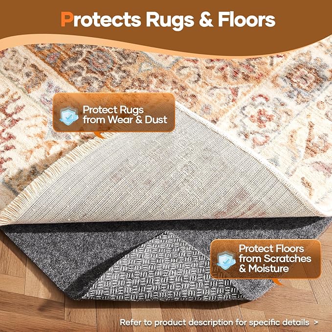 Veken Non Slip Cushioned Rug Pad Gripper 9 x 12 Ft, Felt and Silicone Backing, 3/8 inch Thick Carpet Liner for Hardwood Floors and Finishes, Under Area Rugs Anti Skid Mat, Keep Rugs Safe and in Place