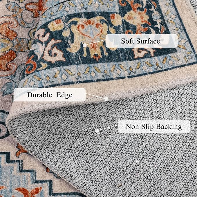 U'Artlines Boho Vintage Area Rug 3x5 Machine Washable Low Pile Soft Floor Carpet Non Slip Non Shedding Accent Rug for Living Room Bedroom Entryway Dining Room Office Orange Blue