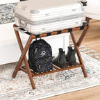 Luggage Racks Set Of 2 Suitcase Stand Foldable With Storage Shelf For Guest Room Hotel Essentials Solid Bamboo Heavy-Duty Item Holder Chestnut Brown