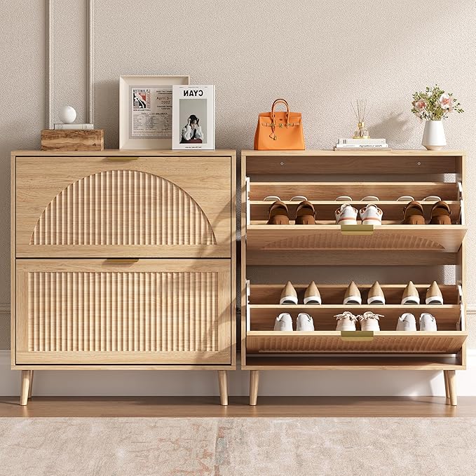 Shoe Cabinet for Entryway with 2 Flip Drawers, Slim Wooden Shoe Storage Organizer with Modern Fluted Pannel，Freestanding Narrow Hidden Shoe Rack for Hallway, Foyer, Living Room